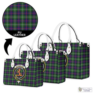 Sutherland Tartan Luxury Leather Handbags with Family Crest