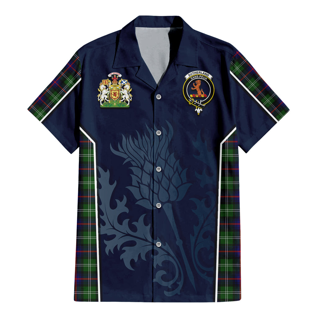 Tartan Vibes Clothing Sutherland Modern Tartan Short Sleeve Button Up Shirt with Family Crest and Scottish Thistle Vibes Sport Style