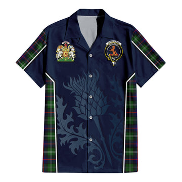 Sutherland Tartan Short Sleeve Button Up Shirt with Family Crest and Scottish Thistle Vibes Sport Style