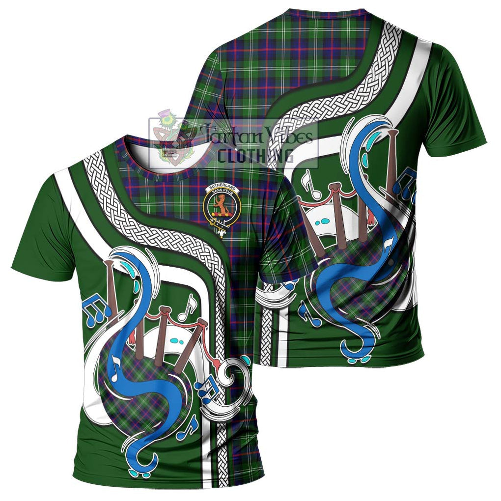 Sutherland Tartan T-Shirt with Epic Bagpipe Style - Tartanvibesclothing Shop