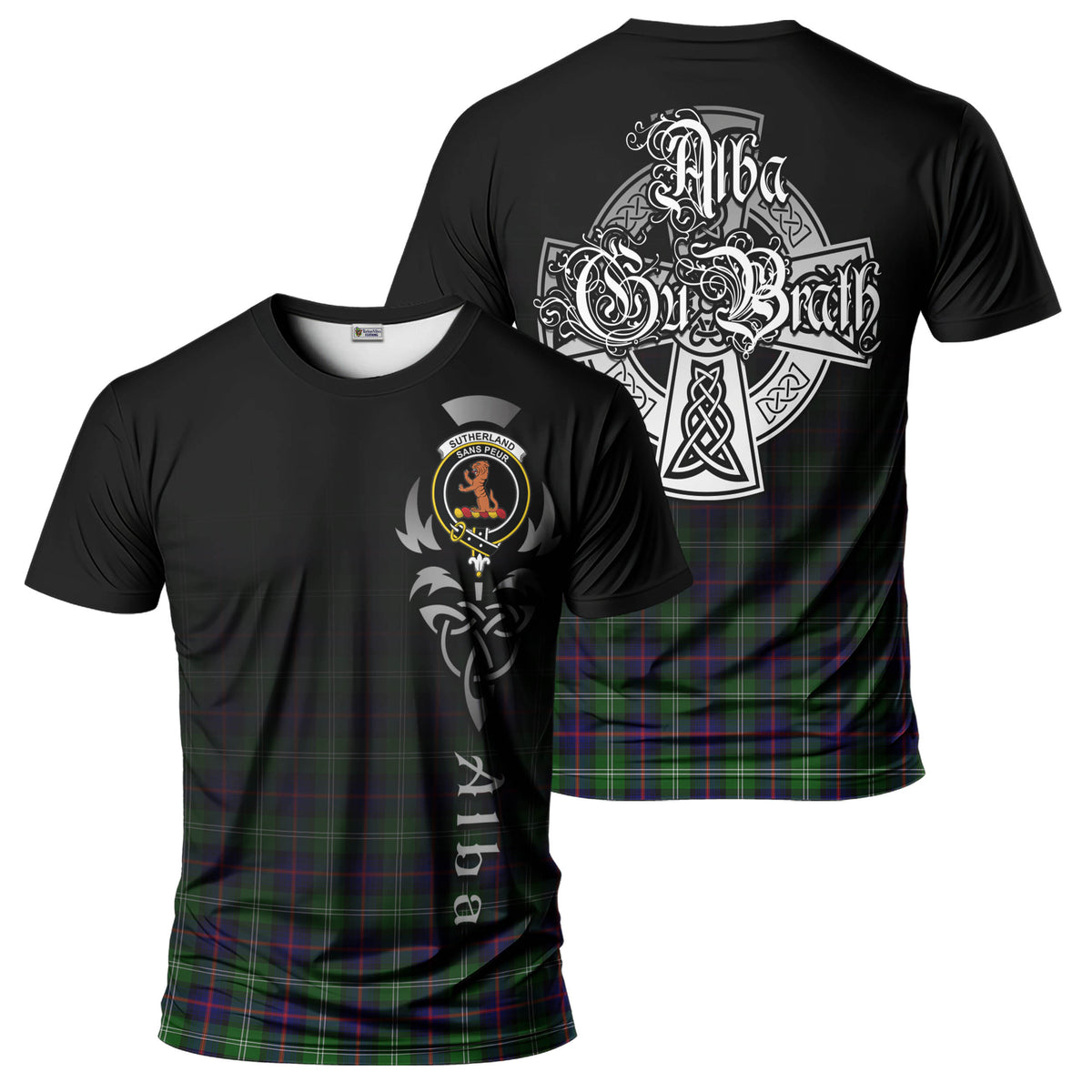Sutherland Tartan T-Shirt Featuring Alba Gu Brath Family Crest Celtic Inspired - Tartan Vibes Clothing