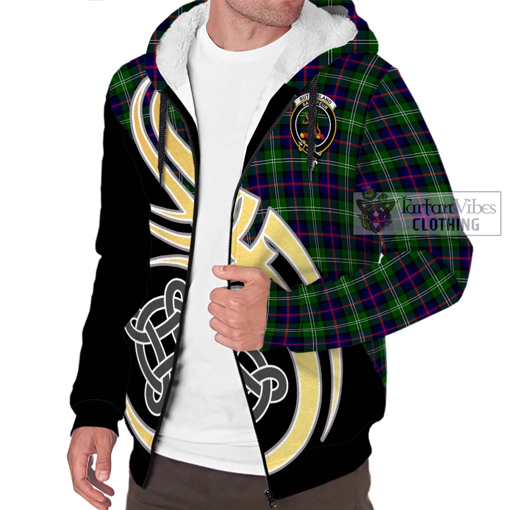 Sutherland Tartan Sherpa Hoodie with Family Crest and Celtic Symbol Style - Tartan Vibes Clothing