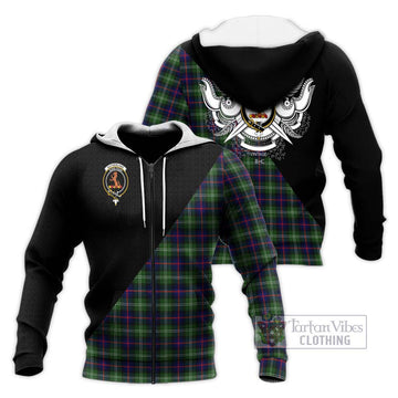 Sutherland Tartan Knitted Hoodie with Family Crest and Military Logo Style