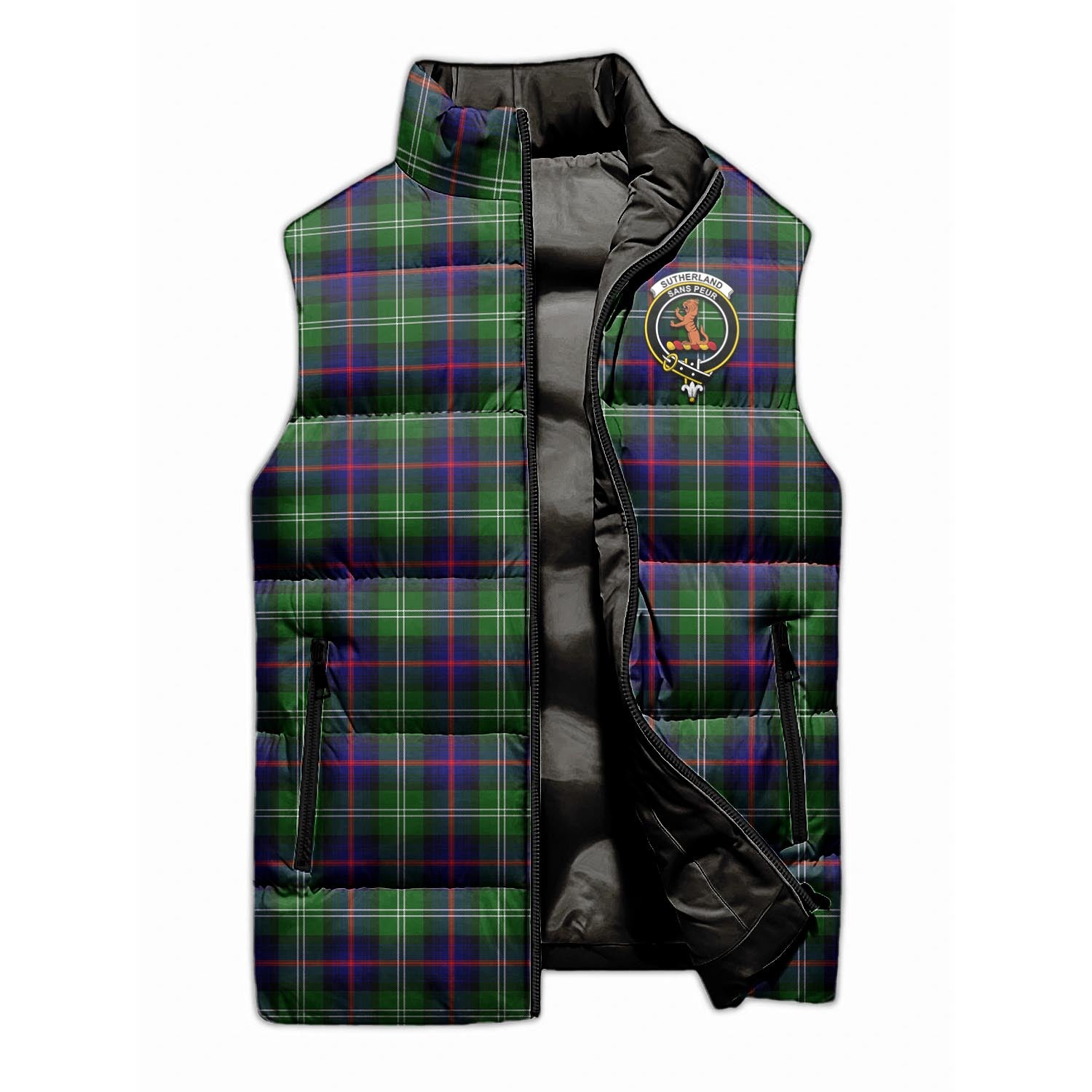 Sutherland Modern Tartan Sleeveless Puffer Jacket with Family Crest - Tartanvibesclothing