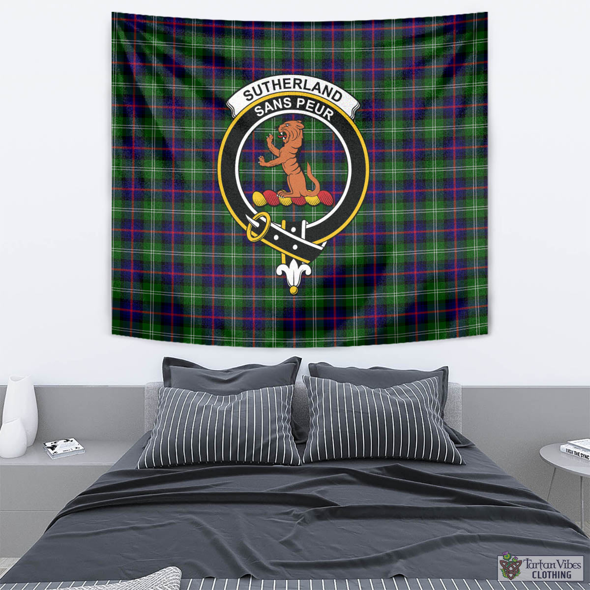 Tartan Vibes Clothing Sutherland Modern Tartan Tapestry Wall Hanging and Home Decor for Room with Family Crest