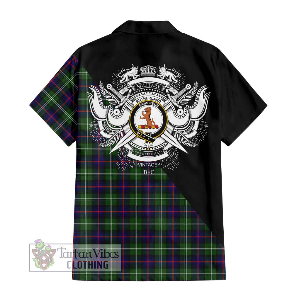 Sutherland Tartan Short Sleeve Button Shirt with Family Crest and Military Logo Style - Tartanvibesclothing Shop