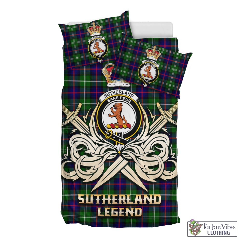 Tartan Vibes Clothing Sutherland Modern Tartan Bedding Set with Clan Crest and the Golden Sword of Courageous Legacy