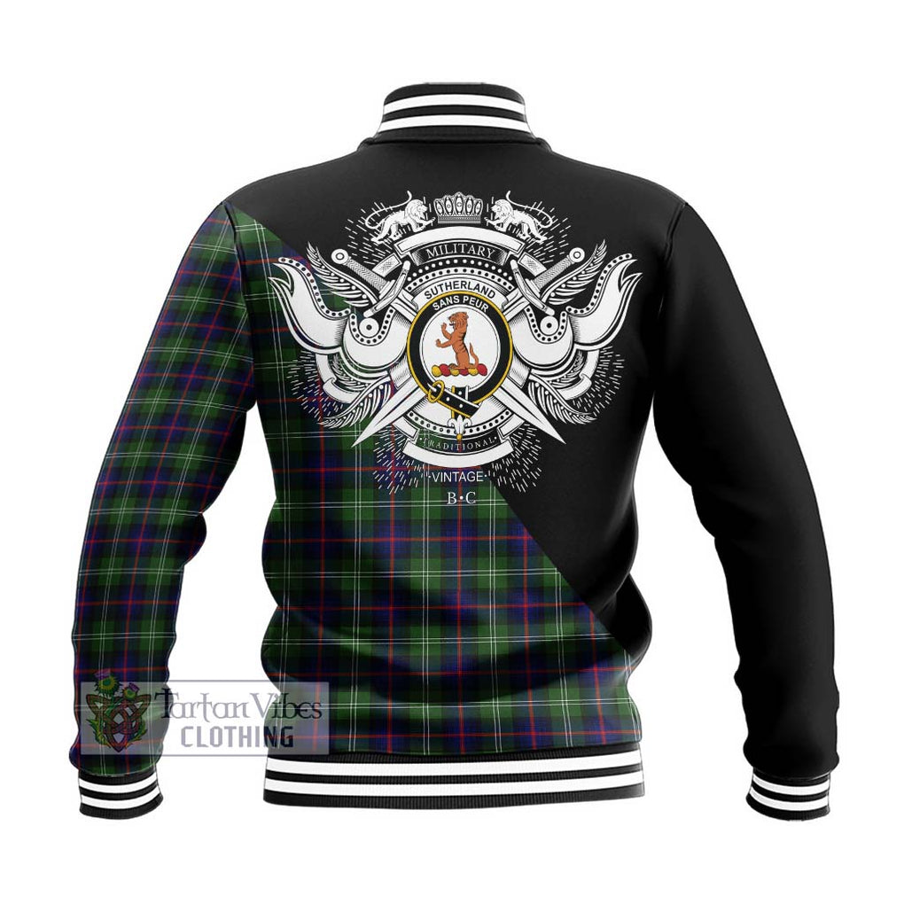 Sutherland Tartan Baseball Jacket with Family Crest and Military Logo Style - Tartanvibesclothing Shop