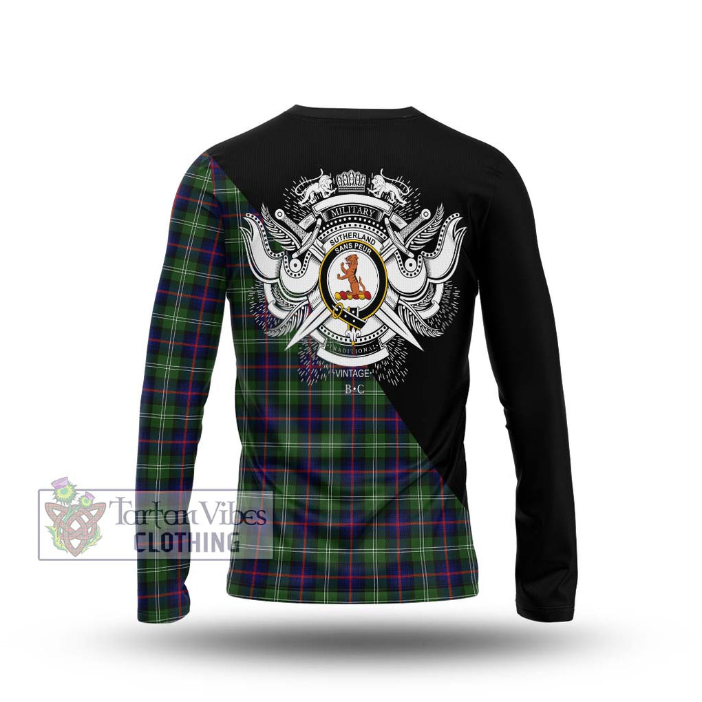 Sutherland Tartan Long Sleeve T-Shirt with Family Crest and Military Logo Style - Tartanvibesclothing Shop