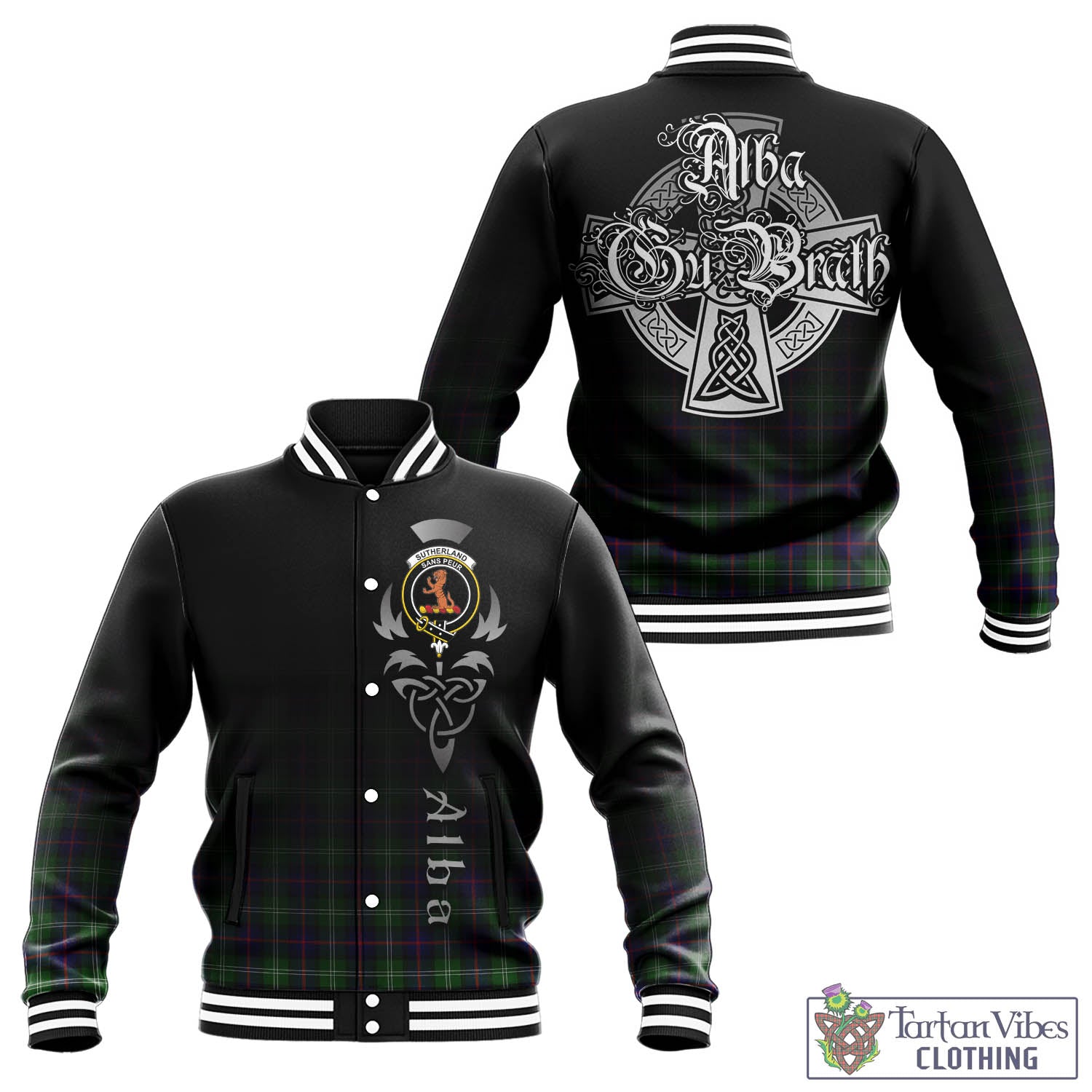 Tartan Vibes Clothing Sutherland Modern Tartan Baseball Jacket Featuring Alba Gu Brath Family Crest Celtic Inspired