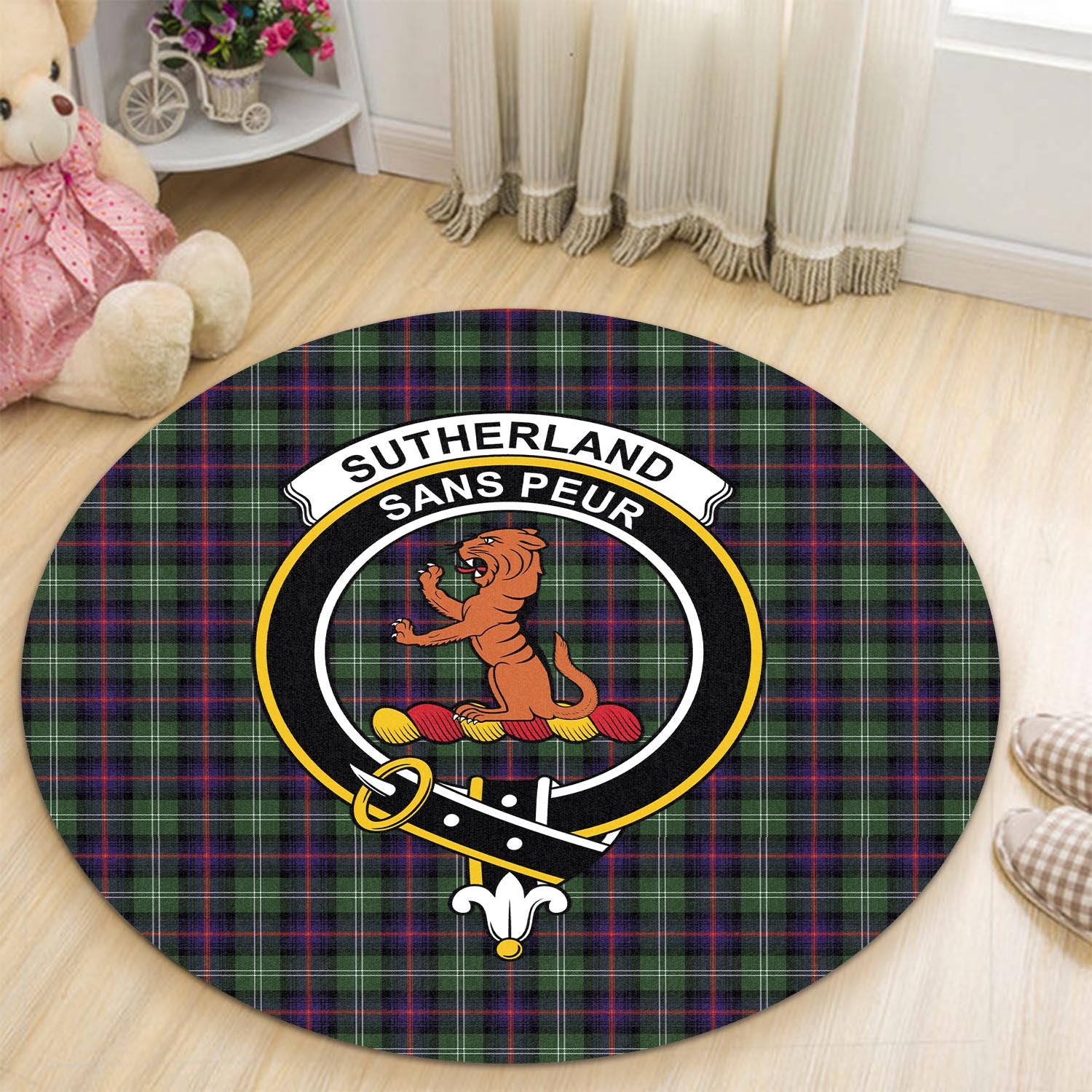 sutherland-modern-tartan-round-rug-with-family-crest