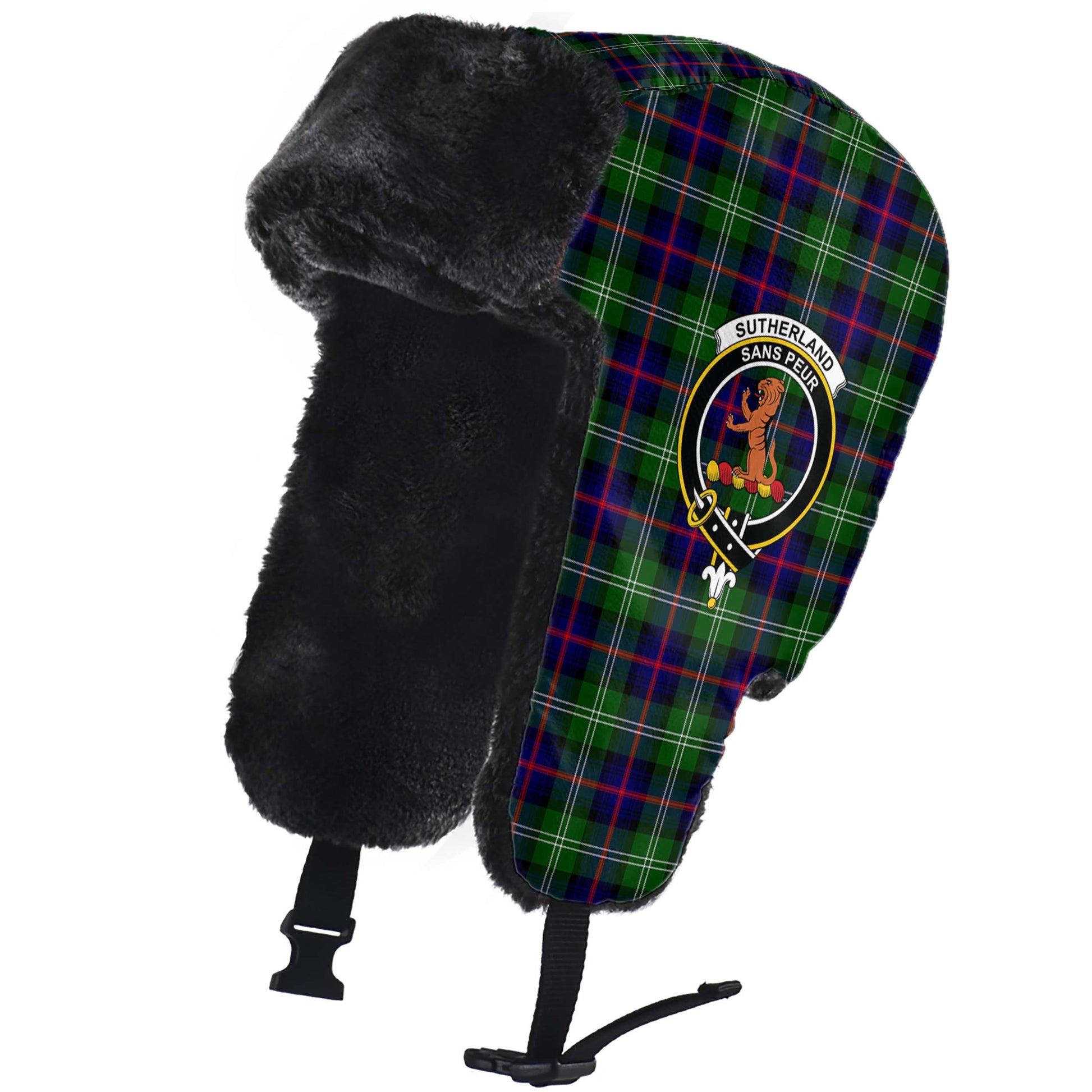 Sutherland Modern Tartan Winter Trapper Hat with Family Crest - Tartanvibesclothing