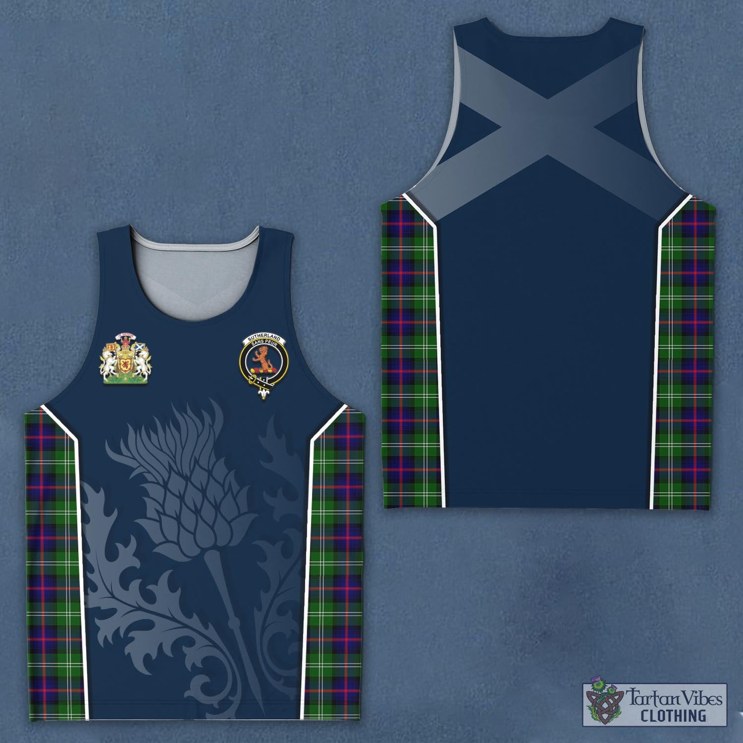 Tartan Vibes Clothing Sutherland Modern Tartan Men's Tanks Top with Family Crest and Scottish Thistle Vibes Sport Style