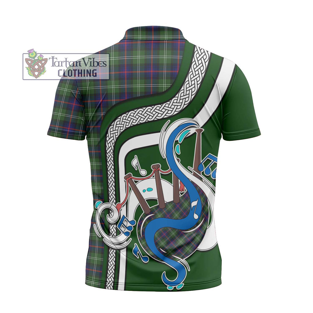 Sutherland Tartan Zipper Polo Shirt with Epic Bagpipe Style - Tartanvibesclothing Shop