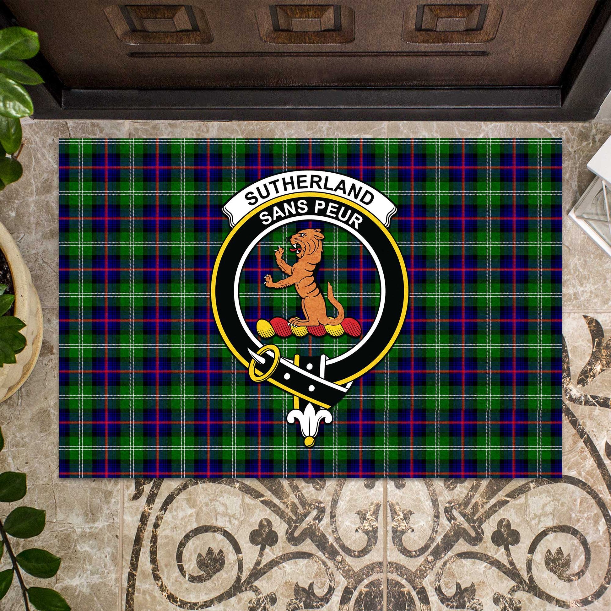 Sutherland Modern Tartan Door Mat with Family Crest - Tartanvibesclothing Shop