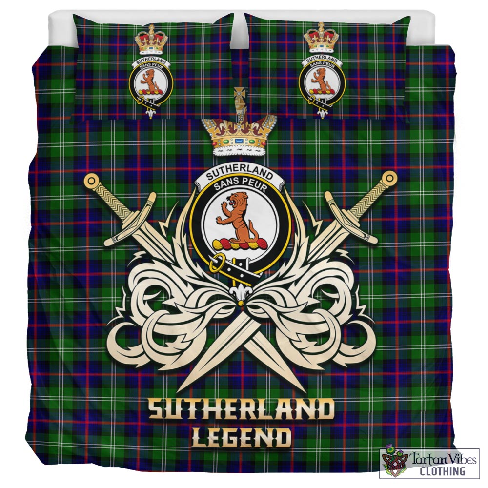 Tartan Vibes Clothing Sutherland Modern Tartan Bedding Set with Clan Crest and the Golden Sword of Courageous Legacy