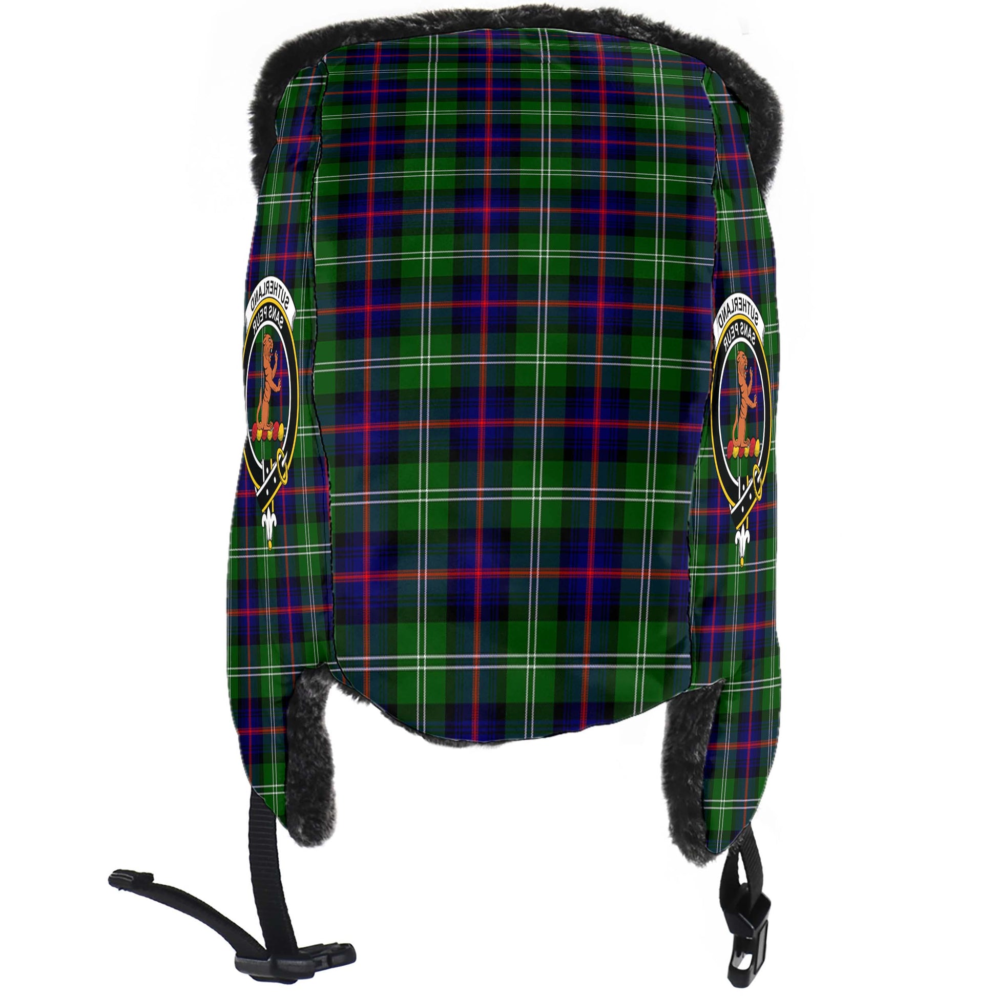 Sutherland Modern Tartan Winter Trapper Hat with Family Crest - Tartanvibesclothing