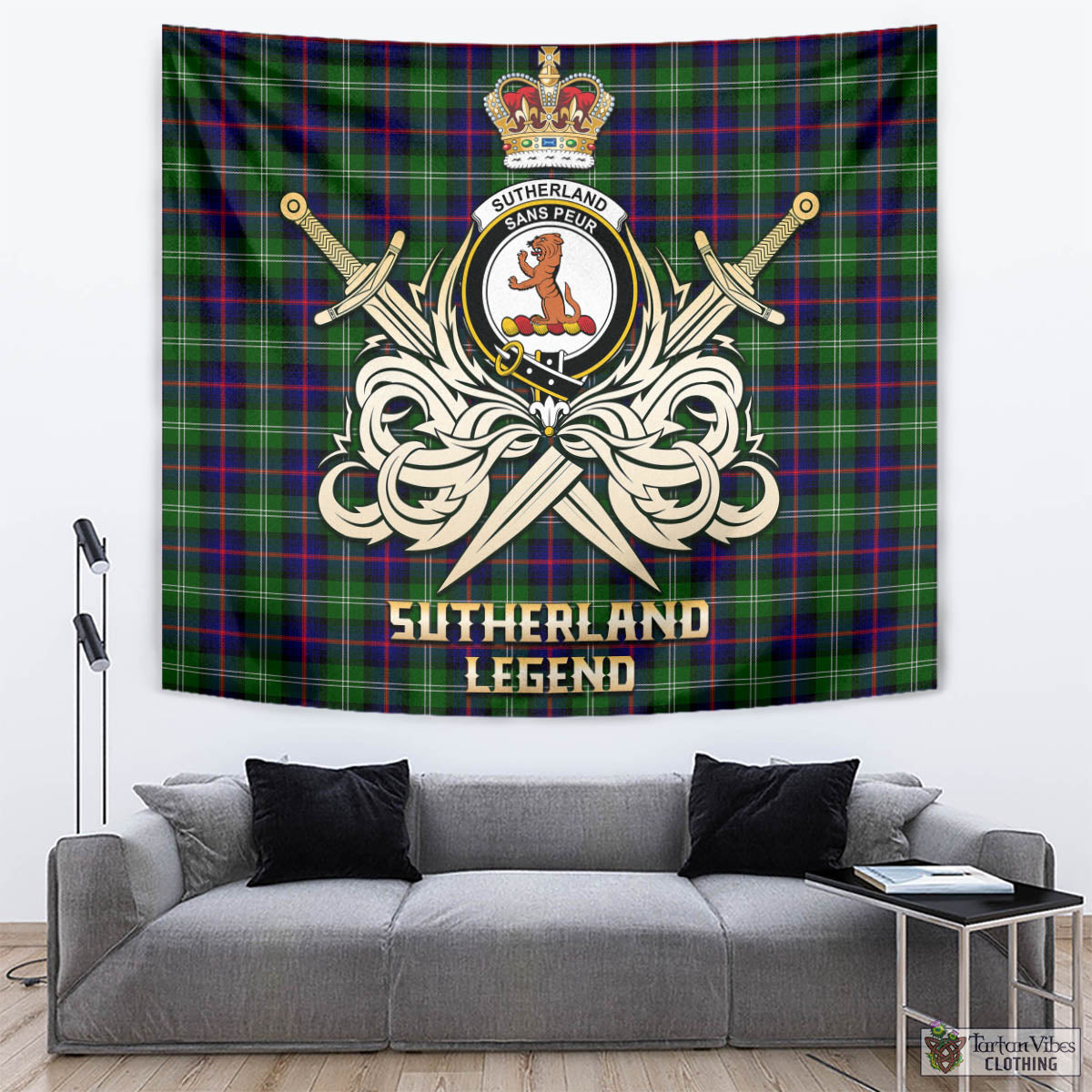 Tartan Vibes Clothing Sutherland Modern Tartan Tapestry with Clan Crest and the Golden Sword of Courageous Legacy