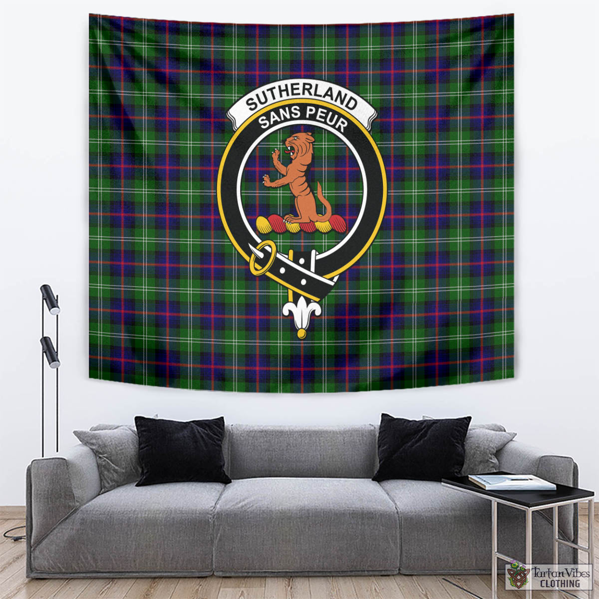 Tartan Vibes Clothing Sutherland Modern Tartan Tapestry Wall Hanging and Home Decor for Room with Family Crest