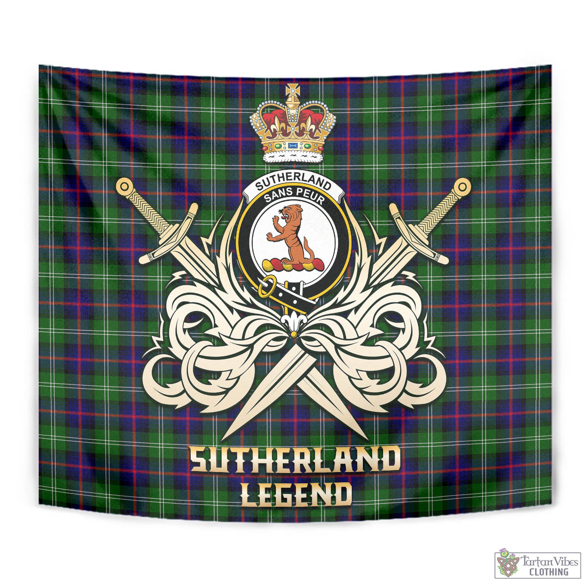 Tartan Vibes Clothing Sutherland Modern Tartan Tapestry with Clan Crest and the Golden Sword of Courageous Legacy