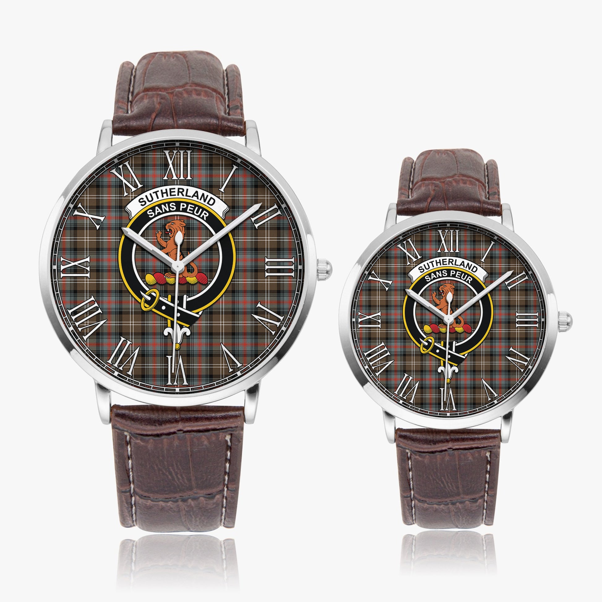 Sutherland Weathered Tartan Family Crest Leather Strap Quartz Watch - Tartanvibesclothing