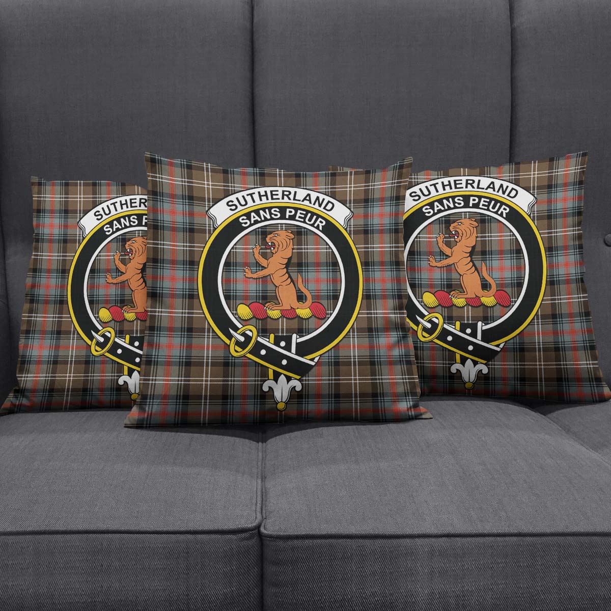 Sutherland Weathered Tartan Pillow Cover with Family Crest Square Pillow Cover - Tartanvibesclothing