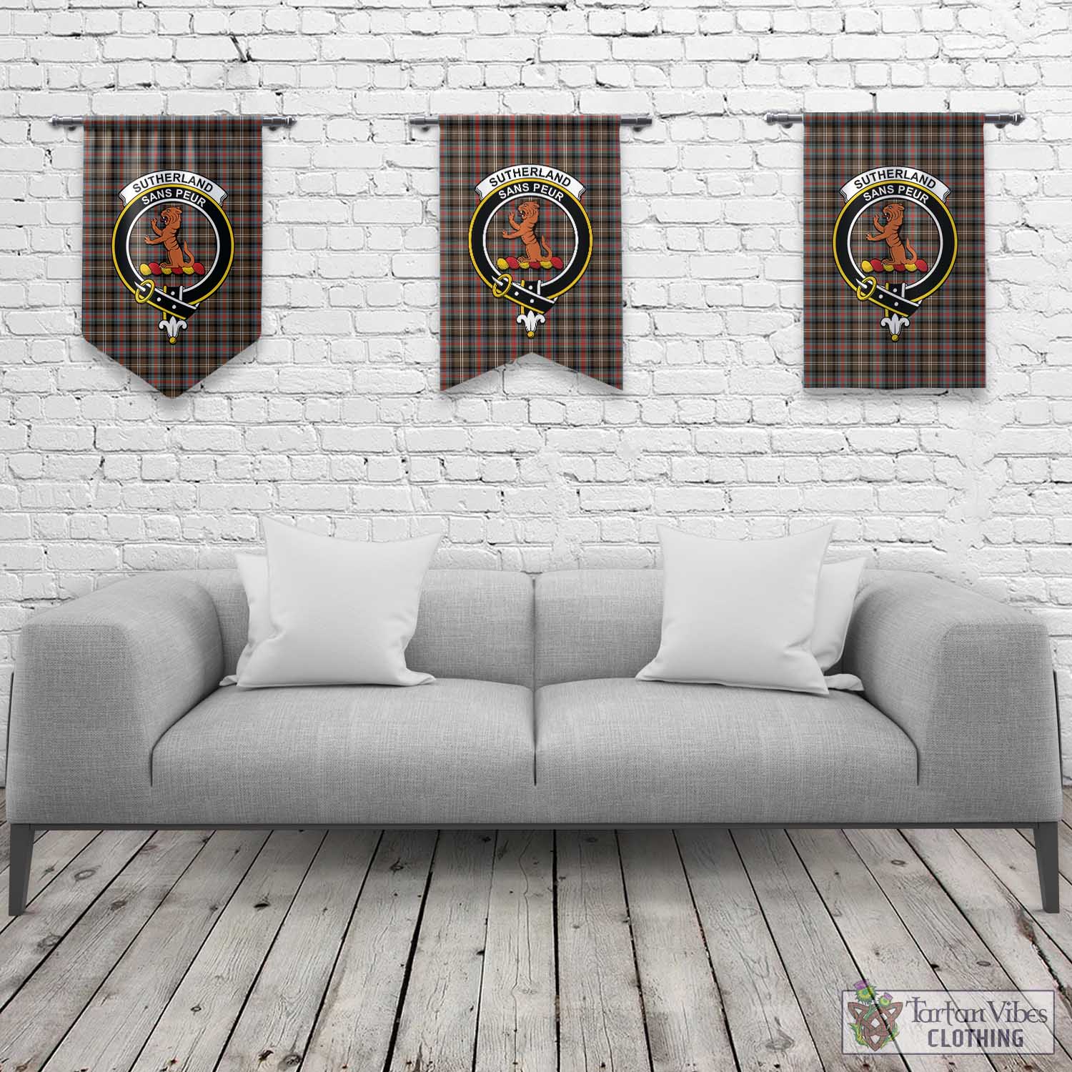 Tartan Vibes Clothing Sutherland Weathered Tartan Gonfalon, Tartan Banner with Family Crest