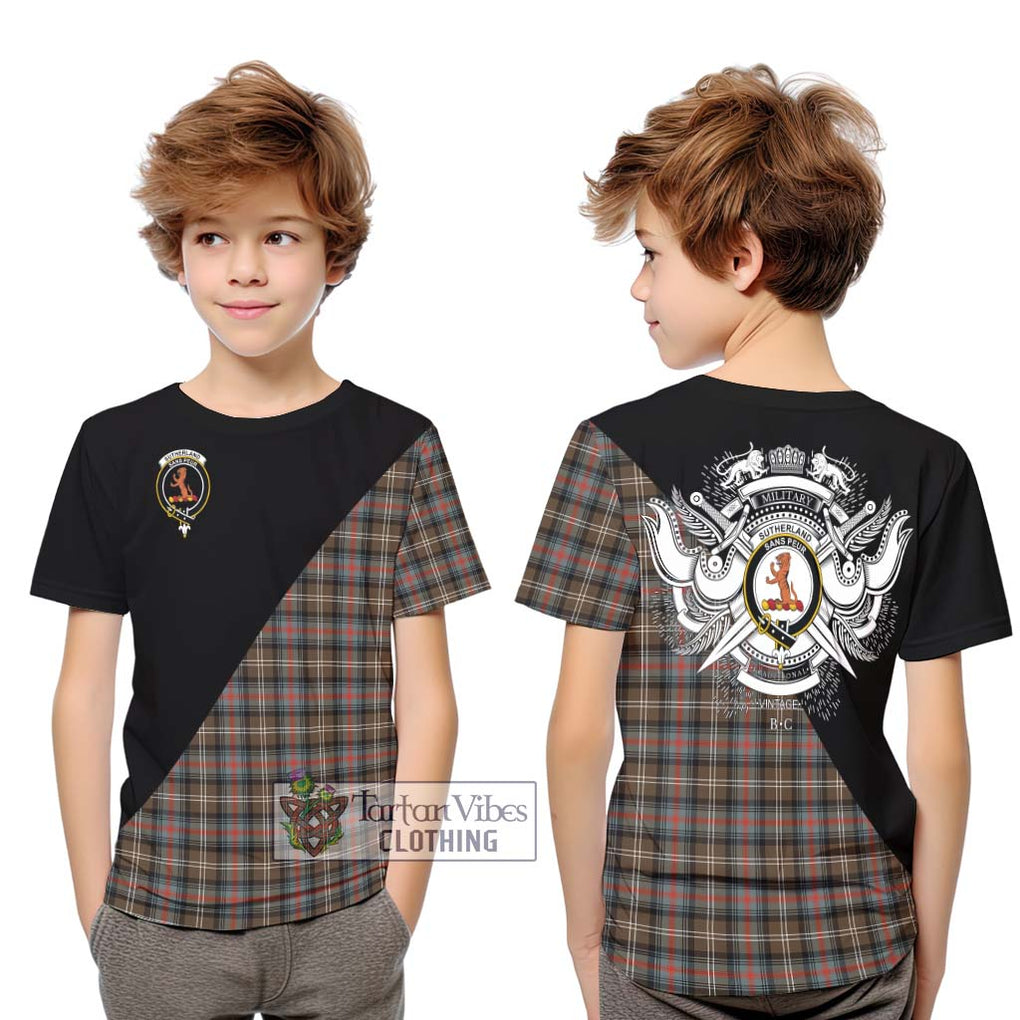 Sutherland Weathered Tartan Kid T-Shirt with Family Crest and Military Logo Style Youth XL Size14 - Tartanvibesclothing Shop