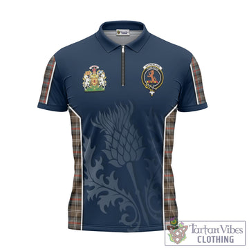 Sutherland Weathered Tartan Zipper Polo Shirt with Family Crest and Scottish Thistle Vibes Sport Style