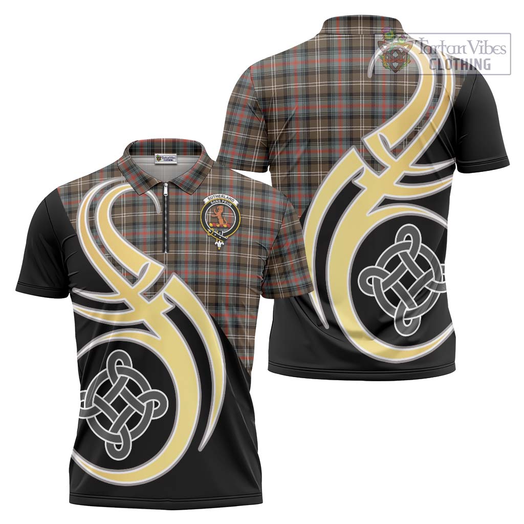 Tartan Vibes Clothing Sutherland Weathered Tartan Zipper Polo Shirt with Family Crest and Celtic Symbol Style