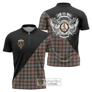 Sutherland Weathered Tartan Zipper Polo Shirt with Family Crest and Military Logo Style