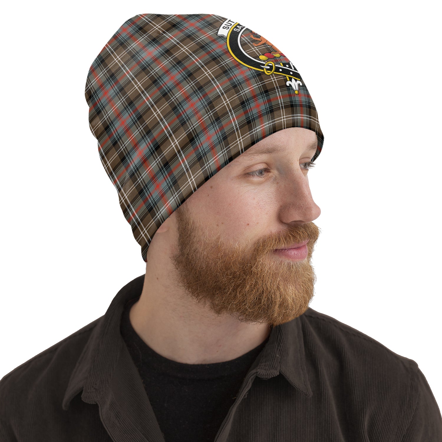 Sutherland Weathered Tartan Beanies Hat with Family Crest One Size 10.5*10.2 inches - Tartan Vibes Clothing