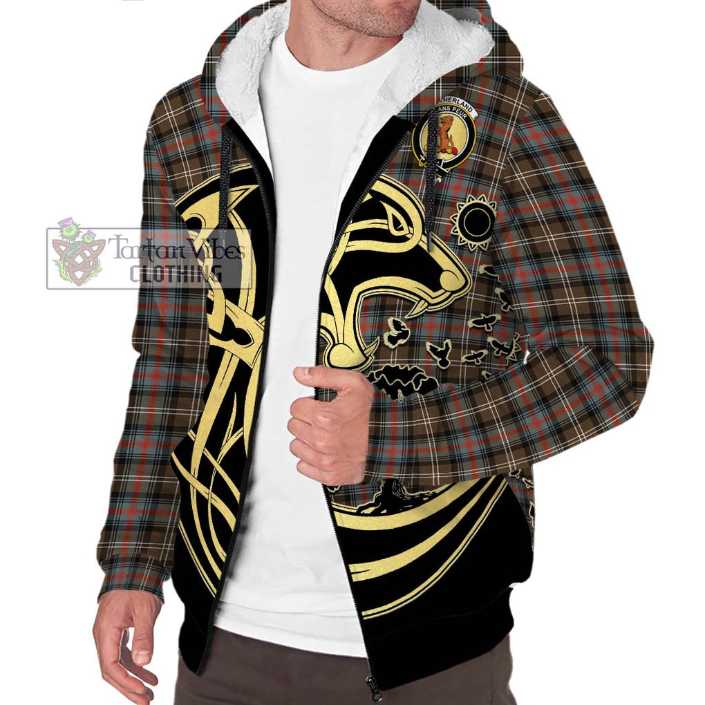 Sutherland Weathered Tartan Sherpa Hoodie with Family Crest Celtic Wolf Style Unisex S - Tartan Vibes Clothing