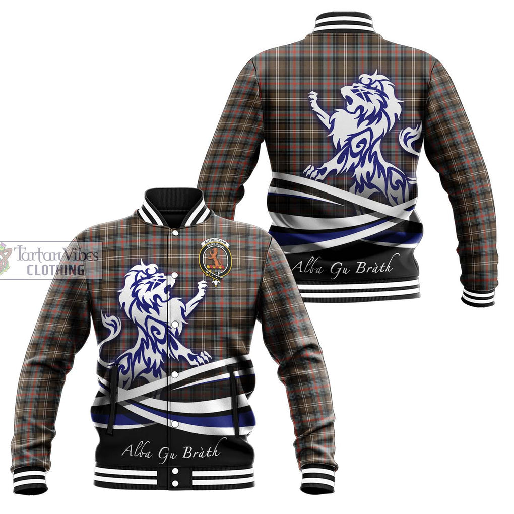 Sutherland Weathered Tartan Baseball Jacket with Alba Gu Brath Regal Lion Emblem Unisex - Tartanvibesclothing Shop