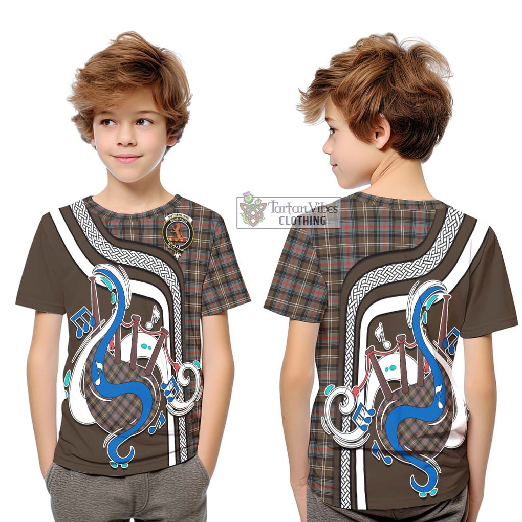 Tartan Vibes Clothing Sutherland Weathered Tartan Kid T-Shirt with Epic Bagpipe Style