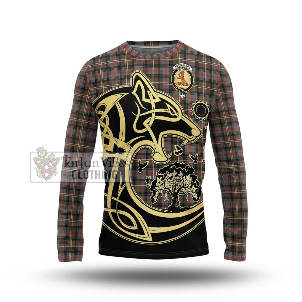 Sutherland Weathered Tartan Long Sleeve T-Shirt with Family Crest Celtic Wolf Style Unisex - Tartan Vibes Clothing