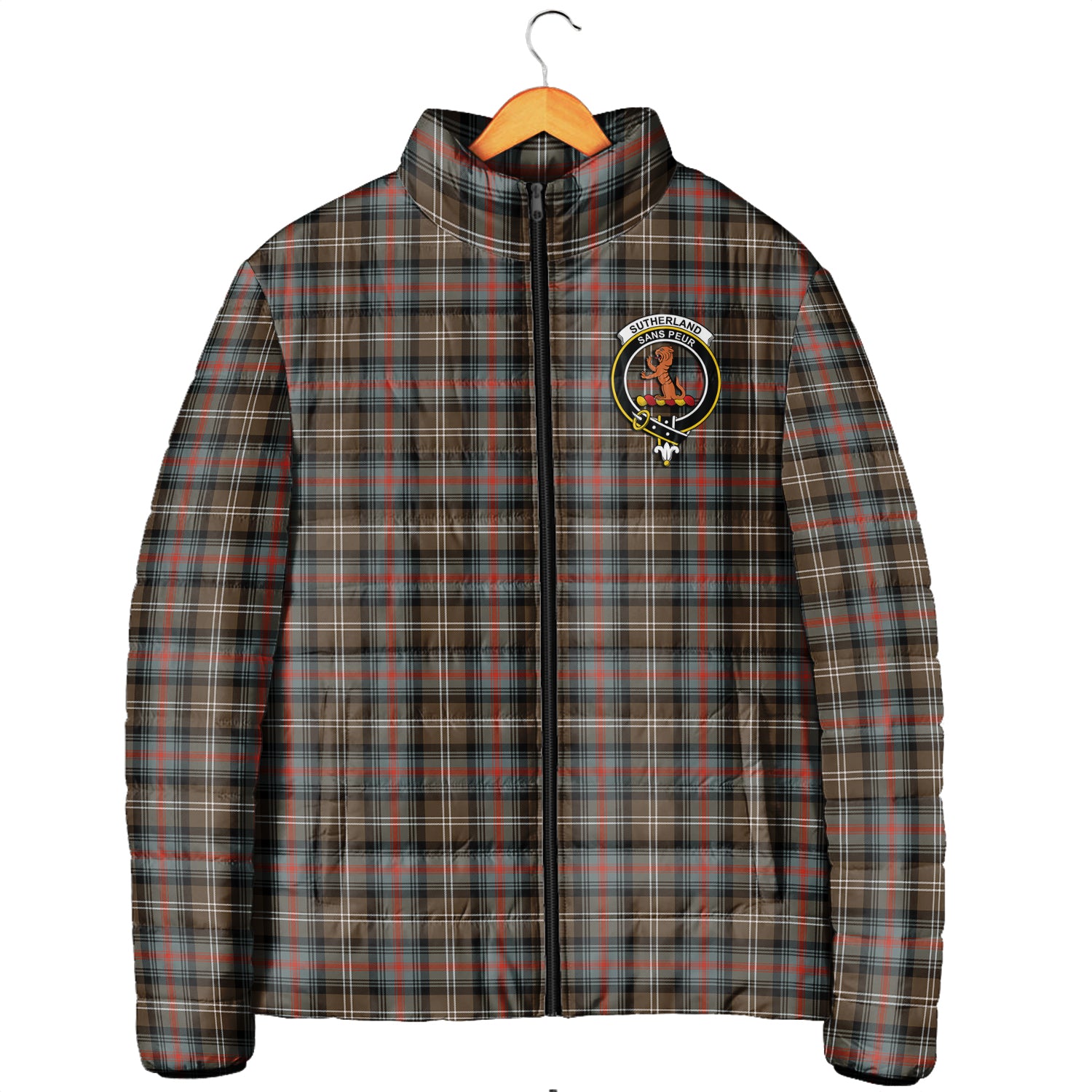 Sutherland Weathered Tartan Padded Jacket with Family Crest Men's Padded Jacket - Tartan Vibes Clothing