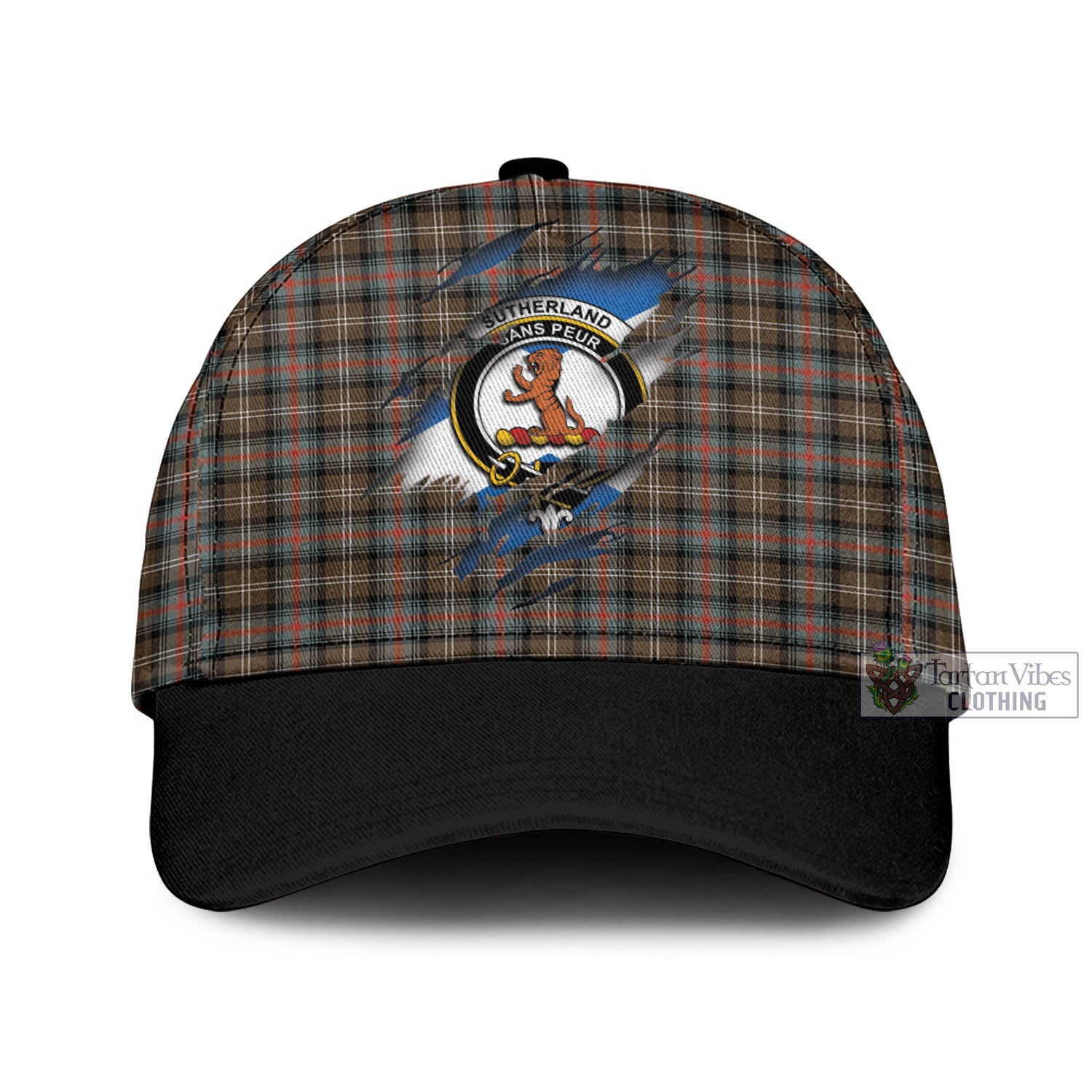 Tartan Vibes Clothing Sutherland Weathered Tartan Classic Cap with Family Crest In Me Style