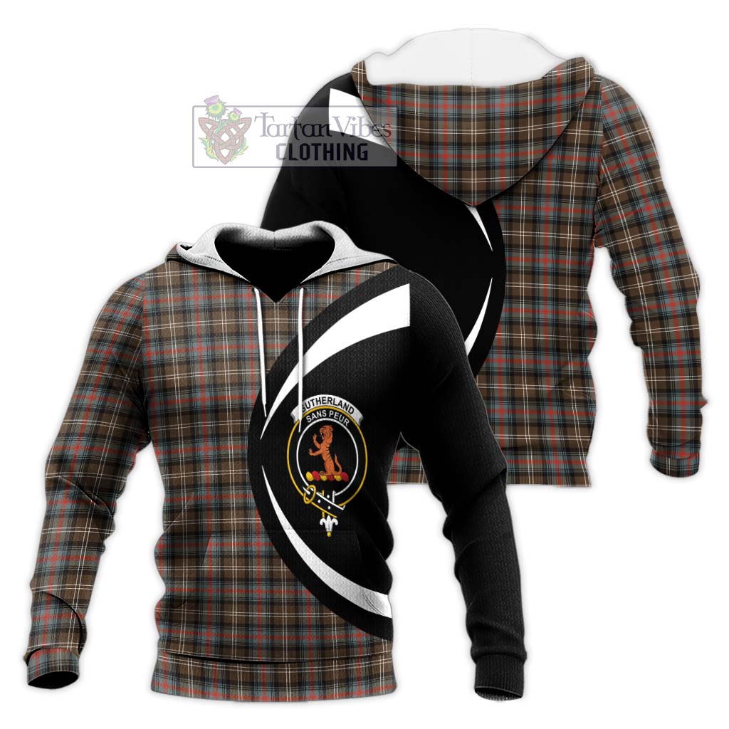 Sutherland Weathered Tartan Knitted Hoodie with Family Crest Circle Style Unisex Knitted Pullover Hoodie - Tartan Vibes Clothing