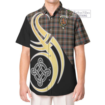 Sutherland Weathered Tartan Short Sleeve Button Shirt with Family Crest and Celtic Symbol Style