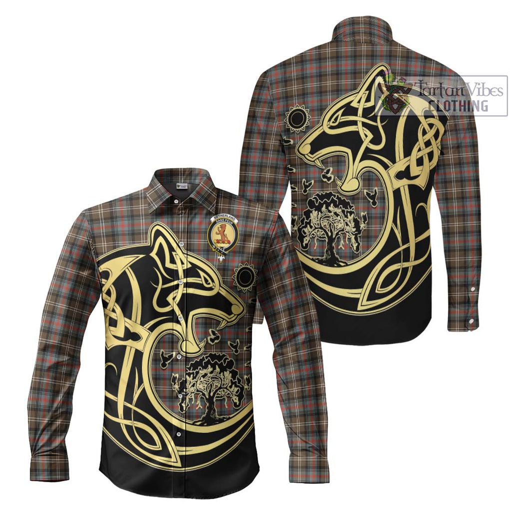 Sutherland Weathered Tartan Long Sleeve Button Shirt with Family Crest Celtic Wolf Style Men's Shirt S - Tartan Vibes Clothing