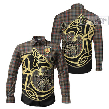 Sutherland Weathered Tartan Long Sleeve Button Shirt with Family Crest Celtic Wolf Style