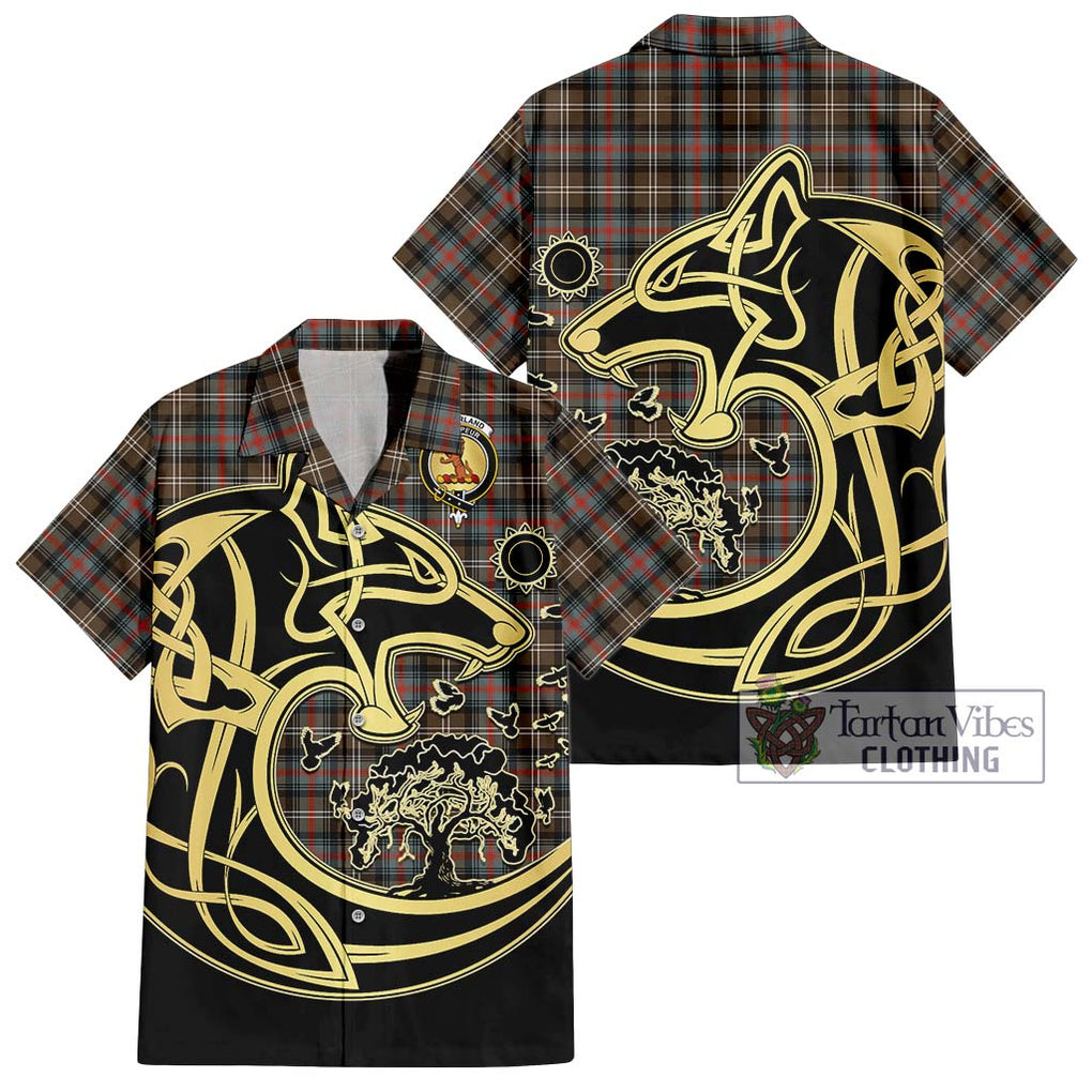 Sutherland Weathered Tartan Short Sleeve Button Shirt with Family Crest Celtic Wolf Style Kid - Tartan Vibes Clothing