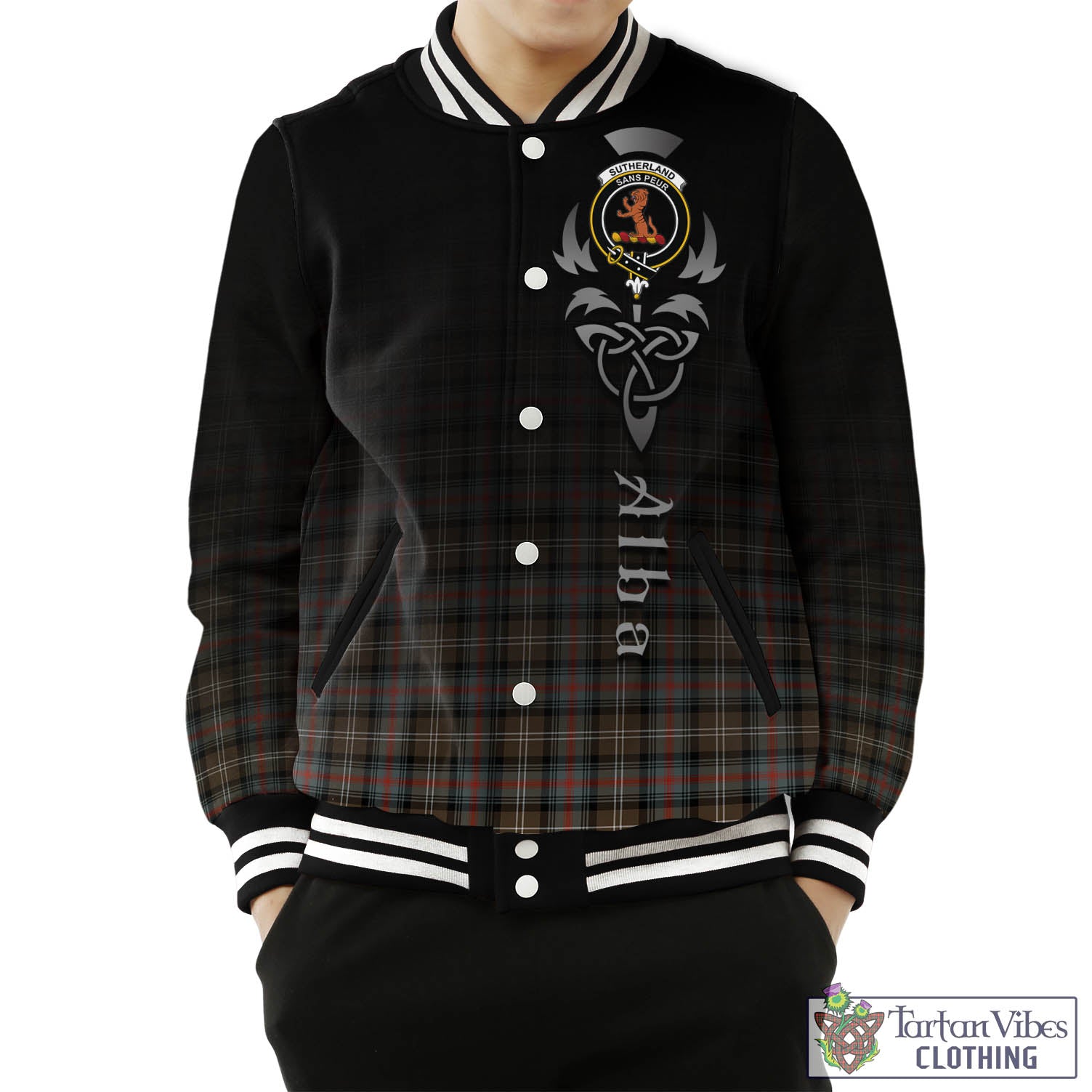 Tartan Vibes Clothing Sutherland Weathered Tartan Baseball Jacket Featuring Alba Gu Brath Family Crest Celtic Inspired