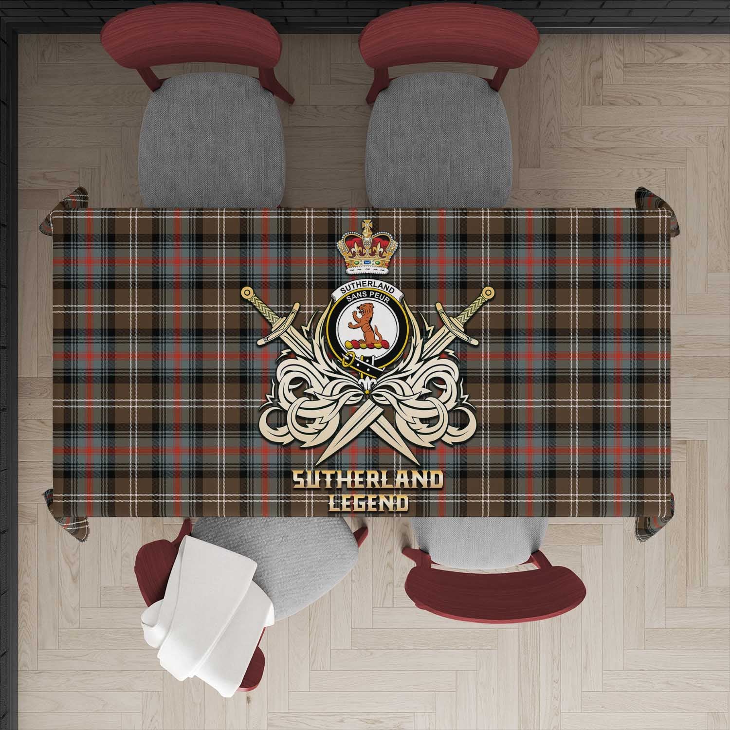 Tartan Vibes Clothing Sutherland Weathered Tartan Tablecloth with Clan Crest and the Golden Sword of Courageous Legacy