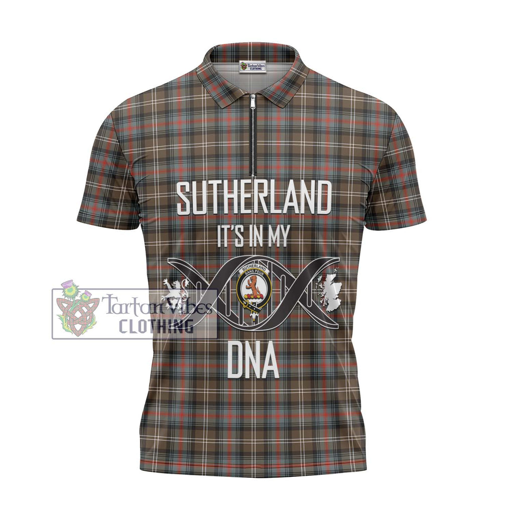 Sutherland Weathered Tartan Zipper Polo Shirt with Family Crest DNA In Me Style - Tartanvibesclothing Shop