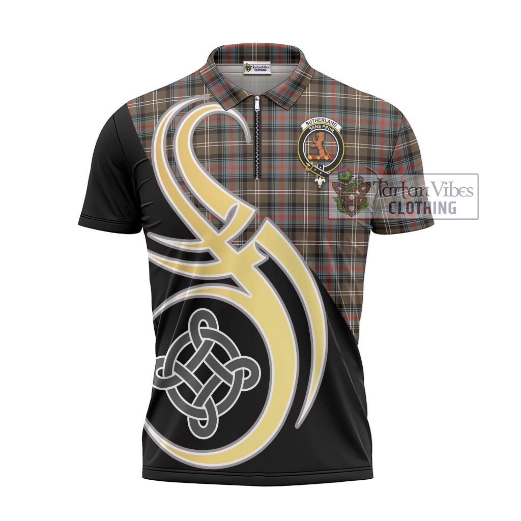 Tartan Vibes Clothing Sutherland Weathered Tartan Zipper Polo Shirt with Family Crest and Celtic Symbol Style