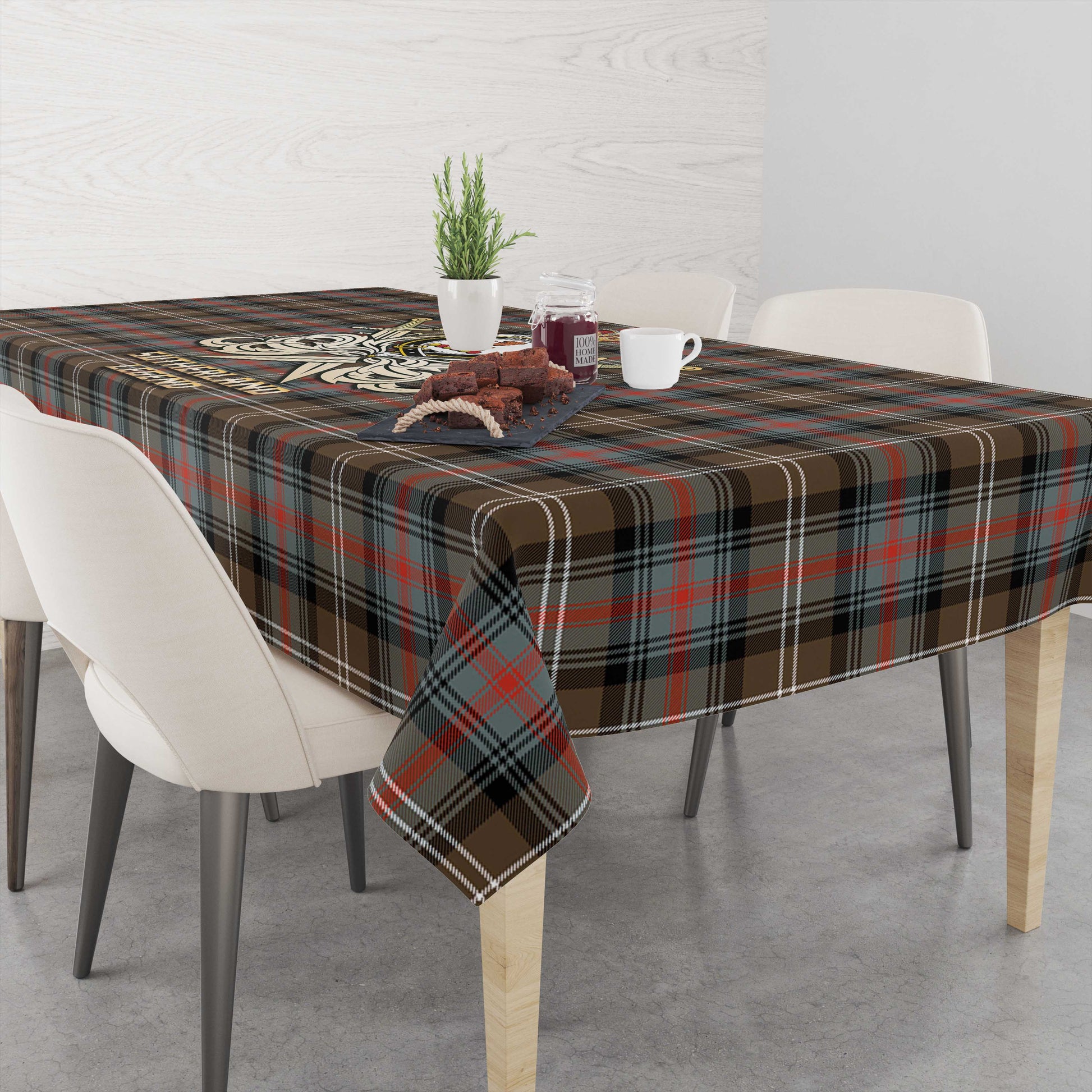 Tartan Vibes Clothing Sutherland Weathered Tartan Tablecloth with Clan Crest and the Golden Sword of Courageous Legacy