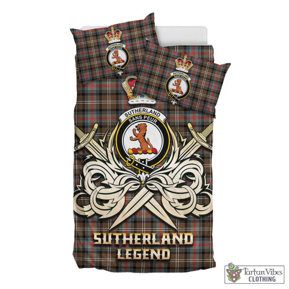 Tartan Vibes Clothing Sutherland Weathered Tartan Bedding Set with Clan Crest and the Golden Sword of Courageous Legacy