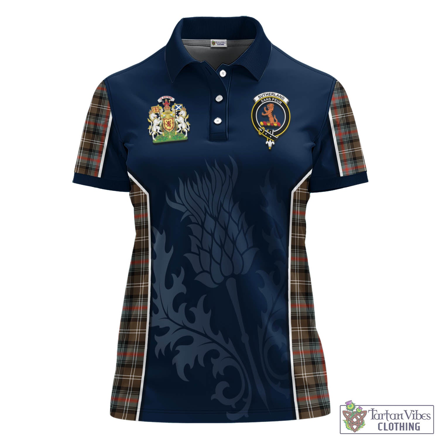 Tartan Vibes Clothing Sutherland Weathered Tartan Women's Polo Shirt with Family Crest and Scottish Thistle Vibes Sport Style